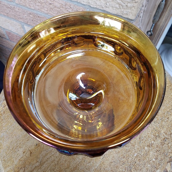 Kings Crown Compote Amber Gold Carnival Glass Thumbprint Candy Dish VTG - Picture 6 of 9